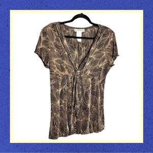 Seventh Avenue Tan & Black Blouse w Hanging Tie Wm XL